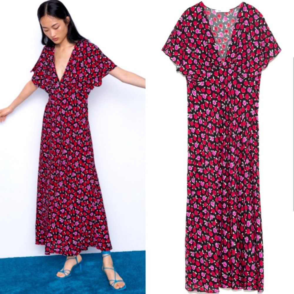 🎉 Zara Floral V-neck Dolman Sleeve Maxi Dress M